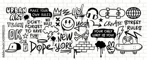 Hand-drawn urban graffiti vector collection with street art lettering, doodles, skateboarding and gaming elements. Perfect for t-shirt graphics, stickers, posters and branding.