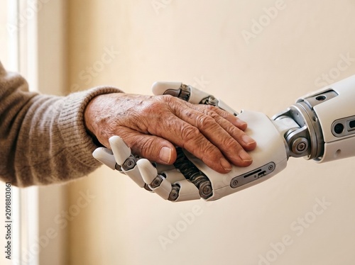 Elderly Hand Resting on Humanoid Robot Hand Symbolizing AI Care and Trust. copy space