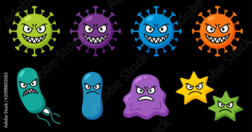 Bild auf Leinwand Set of cartoon germs and virus characters with angry facial expressions on black background bacteria pathogen