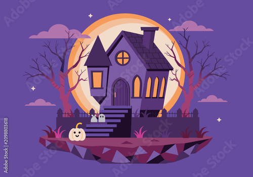 Spooky Haunted House with Full Moon Pumpkin and Ghost Halloween Night Flat Vector Illustration
