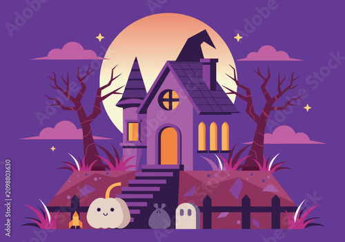Cute Haunted Halloween House with Full Moon Pumpkin Ghost and Spooky Night Flat Vector Illustration
