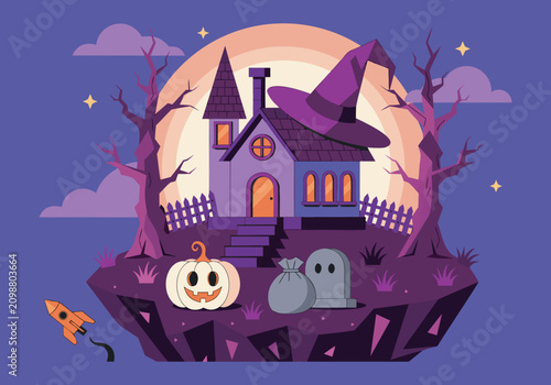 Halloween Haunted House with Witch Hat Pumpkin Ghost and Full Moon Spooky Night Flat Vector Illustration