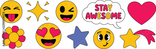 Retro pop art stickers, vibrant smiley faces, hearts, inspiring phrases, and bold comic style graphics on a white background, vector designs.