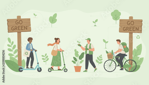 Eco conscious citizens use electric scooters, bicycles, and plant trees to promote a sustainable go green lifestyle.