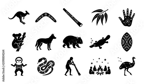 Photos Aboriginal Australian culture icons set, 15 black silhouette indigenous symbols