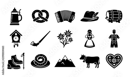 Fotografía Bavarian Oktoberfest icons set, traditional German culture symbols in black silh