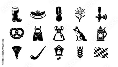 Photos Bavarian culture icons set, 15 black and white vector elements, traditional Germ