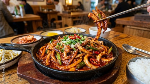 Sizzling stir fry noodles with vegetables and chopsticks on wooden table.