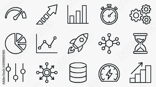 Elegant Monochrome Line Icons Set Featuring Business Analytics and Technology Concepts in Clean Black and White
