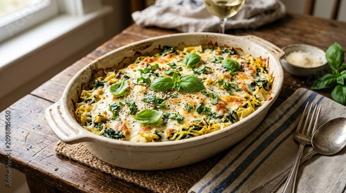Freshly baked vegetable and cheese casserole in rustic ceramic dish.