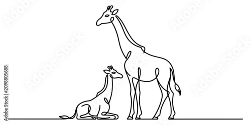 Photography Continuous single line drawing of a mother giraffe standing with her little baby