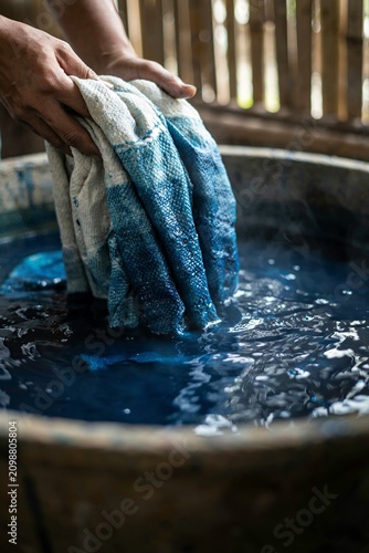 Artisan hands dyeing handwoven fabric in indigo bath. Traditional textile craftsperson immersing natural fiber cloth in deep blue pigment solution.