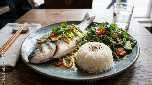 Grilled fish fillets served with fresh garden salad on ceramic plate.