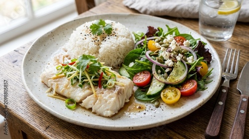Grilled fish fillet with fresh garden salad and lemon dressing on white plate.