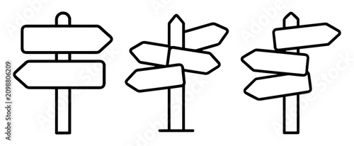 Set of three black outline signpost icons with multiple directional arrows on white background on transparent background