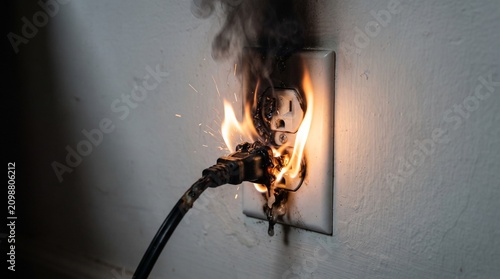 A dangerous electrical fire at a wall outlet, with a burning plug and smoke illustrating a serious home safety hazard caused by a short circuit or faulty wiring