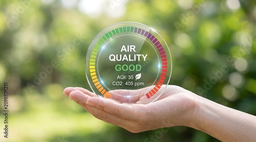 Hand holding transparent gauge showing good air quality and low CO2 levels against blurred green foliage background