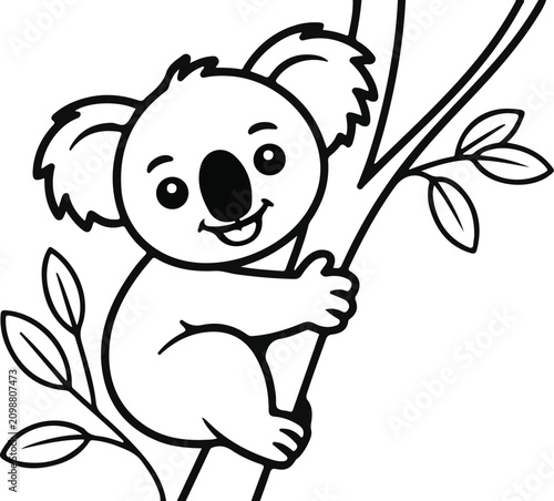 Photography Cute cartoon koala bear climbing on tree branch with leaves