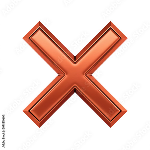 Copper X mark symbol with metallic sheen against a pure white backdrop isolated on transparent background