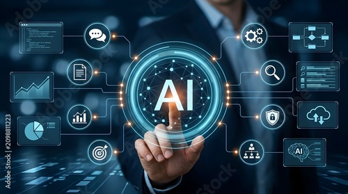 Businessman activating a centralized artificial intelligence network hub connecting multiple digital business processing icons on a futuristic dashboard
