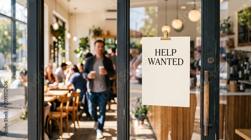 Help wanted sign on glass entrance of crowded coffee shop