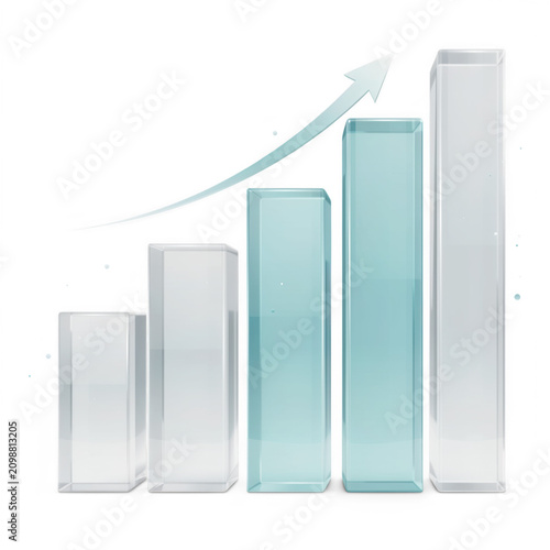 Glass bar chart with upward trending arrow during financial growth showing business progress isolated on transparent background