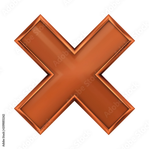 Glossy copper X symbol with beveled edges rendered in 3D isolated on transparent background