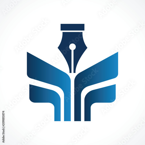 Modern Open Book and Fountain Pen Logo Education, Writing, Publishing Vector Icon