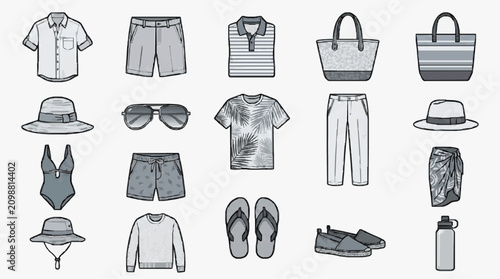 Fotografie Elegant Monochromatic Sketch Collection of Casual and Beachwear Accessories Clot