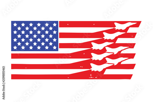 Foto Vector art of the USA flag with several fighter jet silhouettes, celebrating Fourth of July, patriotism, national pride, freedom, and honor in bold style