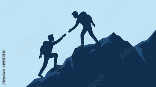 Climbers helping each other on mountain, concept of teamwork and support
