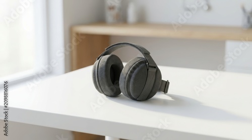 Modern grey headphones sitting on a white table. High quality audio device for listening to music or podcast. Wireless sound accessory for digital lifestyle and entertainment.