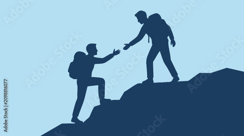 Bild auf Leinwand Hikers helping each other climb a mountain, teamwork concept