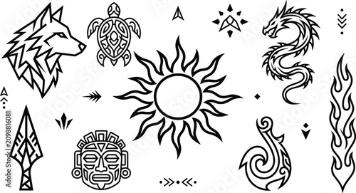 Canvas Print Tribal tattoo and ethnic symbol line icon set featuring geometric wolf head sea