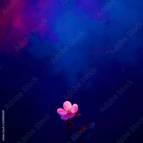 Single pink blossom floats in deep blue light
