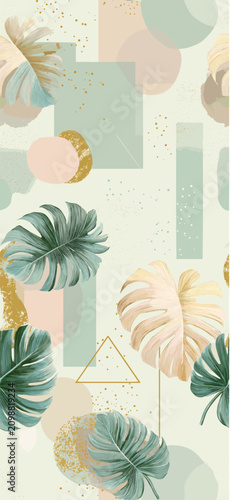 Seamless pattern with tropical monstera leaves and abstract shapes. Tropical monstera leaves creating a seamless pattern with pastel abstract shapes and gold details