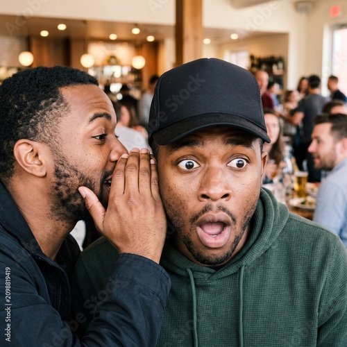 Young adult Black man whispering a secret to a friend with a shocked, wide-eyed expression at a busy indoor restaurant