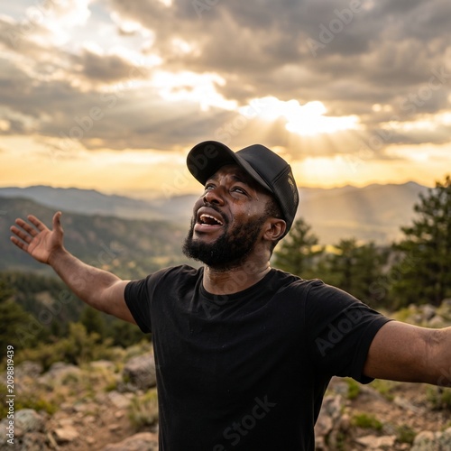 Joyful young adult Black man standing outdoors in the mountains with arms outstretched looking up at the sunset sky, expressing freedom and gratitude