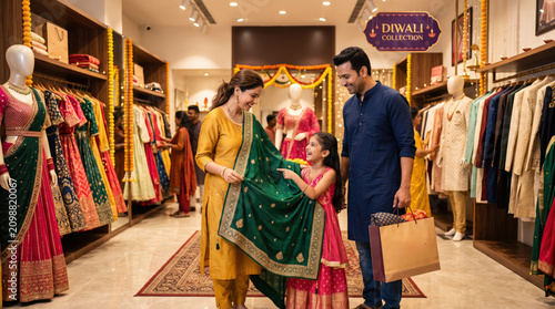 Family shopping for festive clothes in a store during the Diwali season