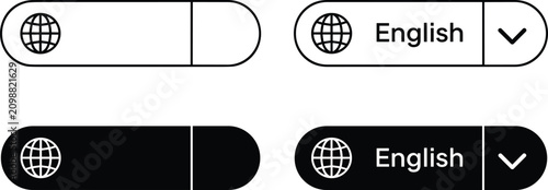 Foto English language selector buttons, globe icon dropdown menu, translation web elements, website interface design, global communication icons, localization interface, online