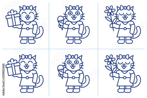 Cute cat girl holds different objects. Doodle set one. Character set