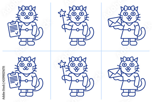 Cute cat girl holds different objects. Doodle set four. Character set