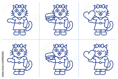 Cute cat girl holds different objects. Doodle set two. Character set