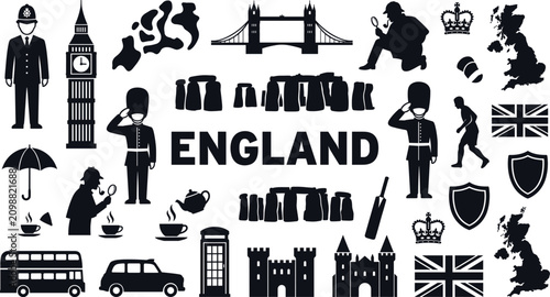 Tableau sur toile England icons including Big Ben, Tower Bridge, Stonehenge, London bus, taxi, gua