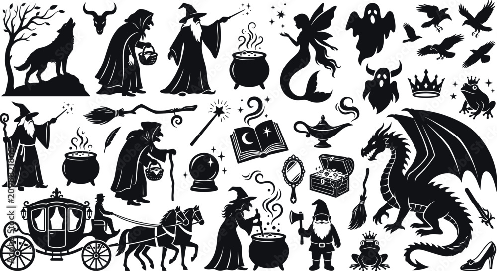 Fototapeta premium Fantasy and fairytale silhouettes, magic wizard, witch, dragon, mermaid, ghost, wolf, carriage, mythical creatures, medieval lore, enchanted forest icons