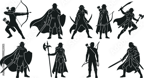 Canvastavla Fantasy elf warrior silhouettes, heroic archers, knights with swords and shields, magical fighters, medieval battle characters for game design, RPG adventure