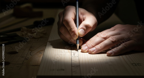 Craftsman Precisely Marking Wood With Pencil Under Dramatic Spotlight