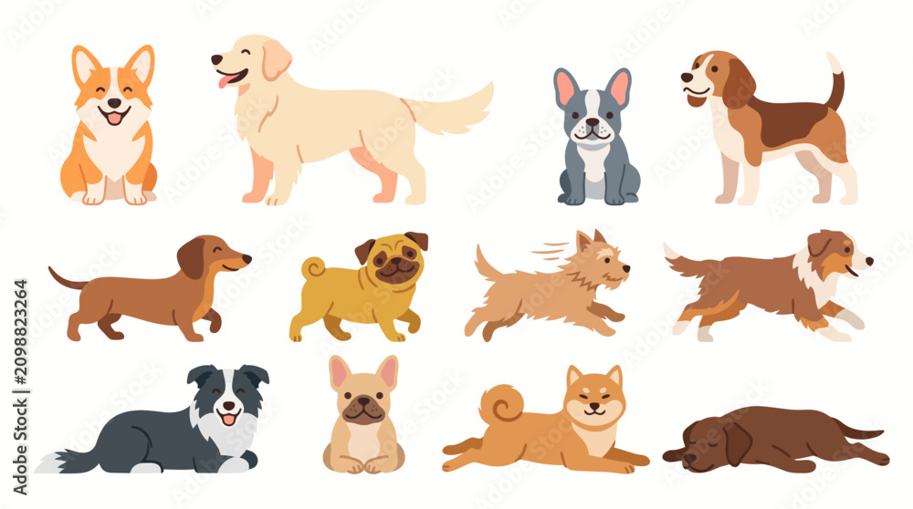 Fototapeta premium A collection of various dog breeds depicted in cartoon style, showcasing different poses and characteristics of popular canine companions.