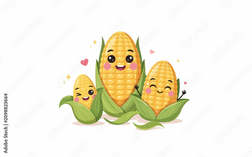 Fototapeta premium Happy cartoon corn family with smiling faces in green husks during summer Isolated on transparent background