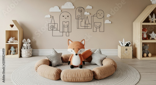 Cute Fox Plushie And Star Pillows In A Cozy Nursery Setup